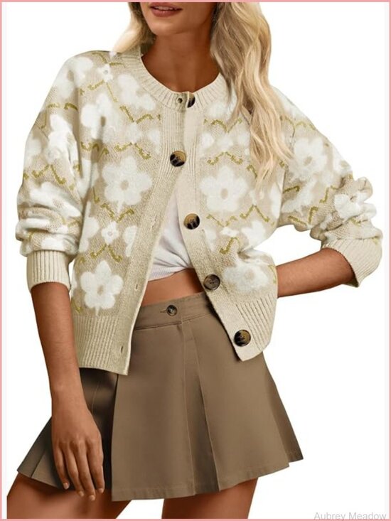 Sweaters - Floral Long Sleeve Cardigan Open Front Button Down Knit Retro Sweater Coat